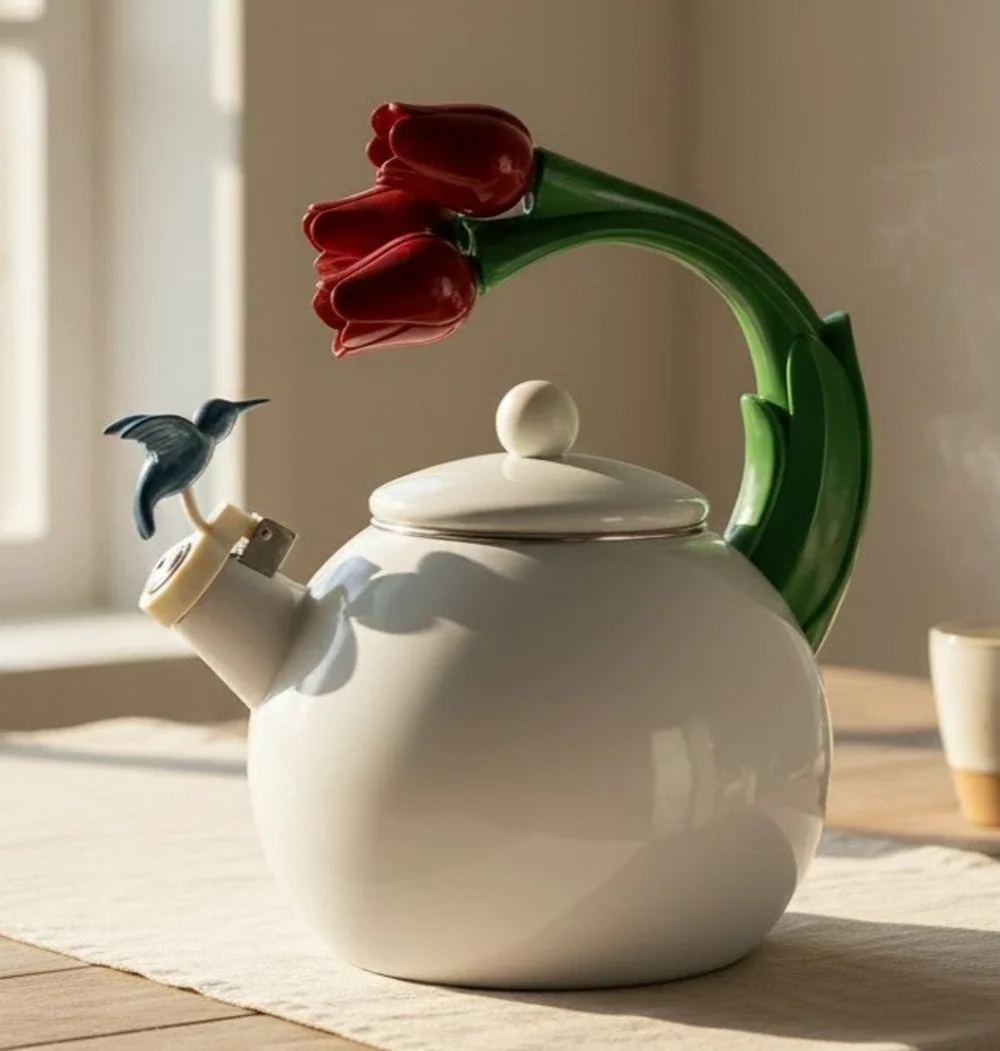 Ancona White Enamel Whistling Tea Kettle Hummingbird Red Tulips Vintage 1990s